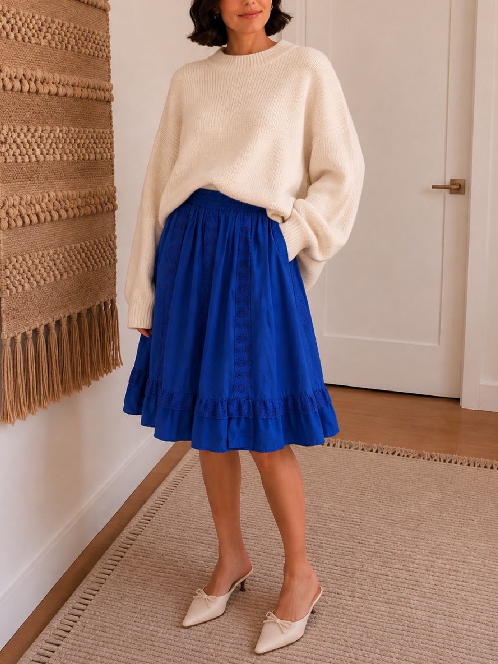 Vintage Blue Knee-Length Lace and Ruffle Skirt Size Medium
